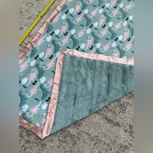 Minky Couture Dinosaur Baby Blanket | Pink & Teal | Satin Trim | 30” x 40”